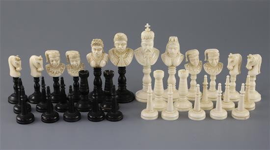 A 19th century, possibly French Colonial, black stained and natural ivory chess set, kings 4in.